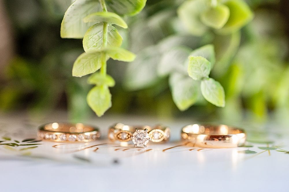 Rings over invite with greenery in the background from Kayla and Jackson's Rustic Mammoth Lake Wedding, Photo taken by Amy Huang Photography